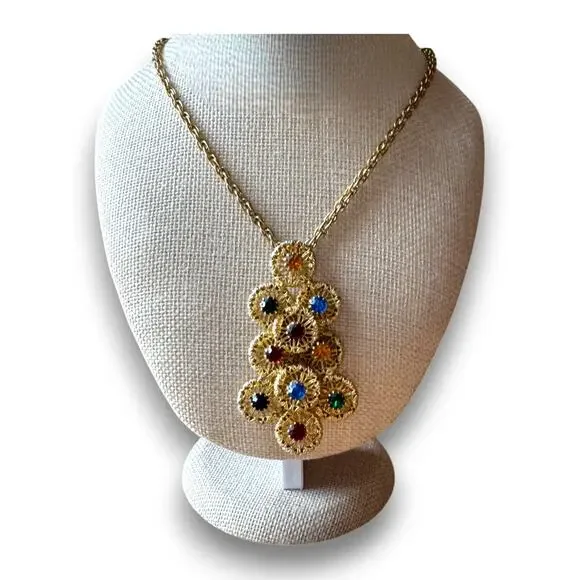 Vintage Multi Color Rhinestone Filigree Statement Pendant Necklace 23 Inch Chain - Picture 2 of 6
